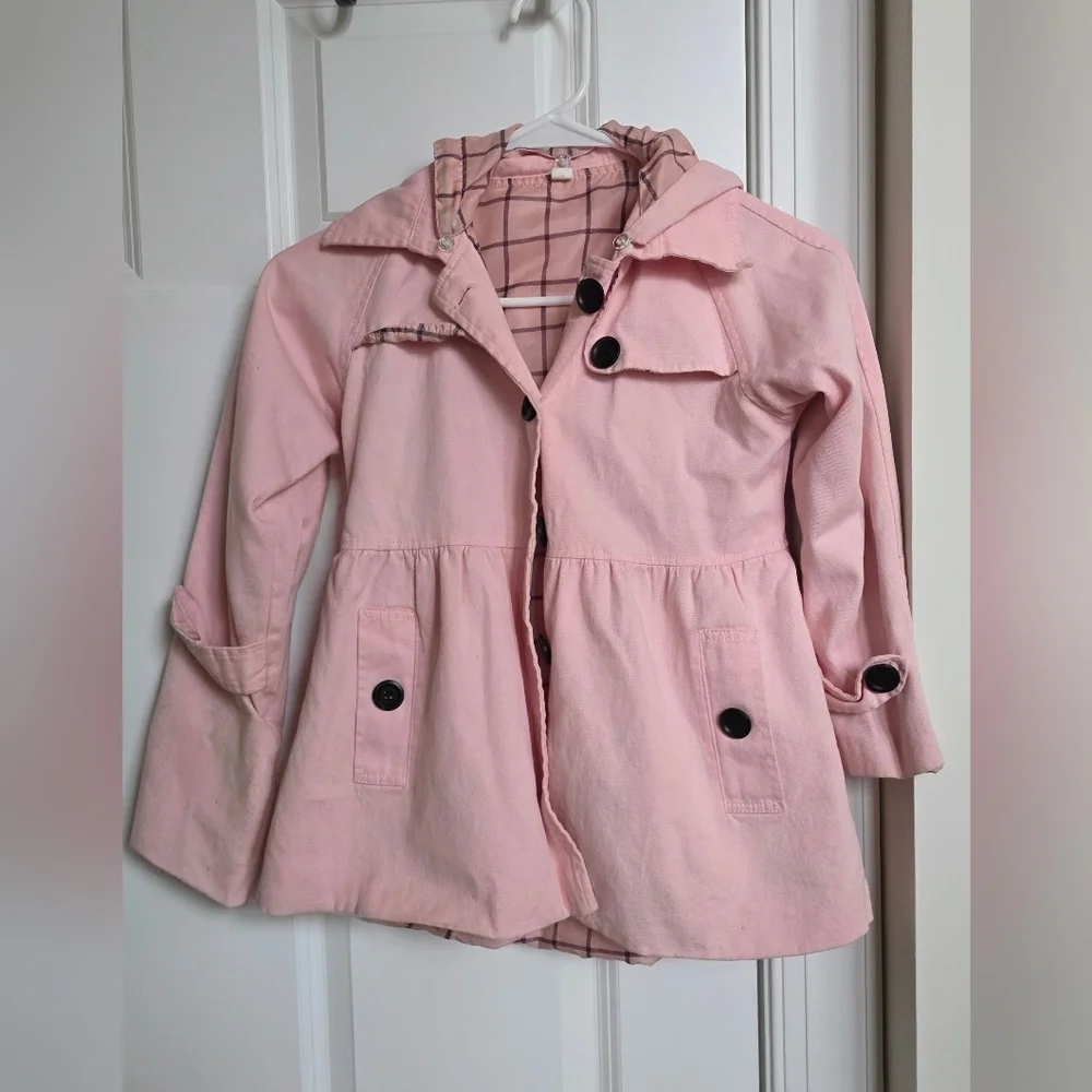 Girls Pink Hooded Coat Plaid Lined Button Front Jacket
